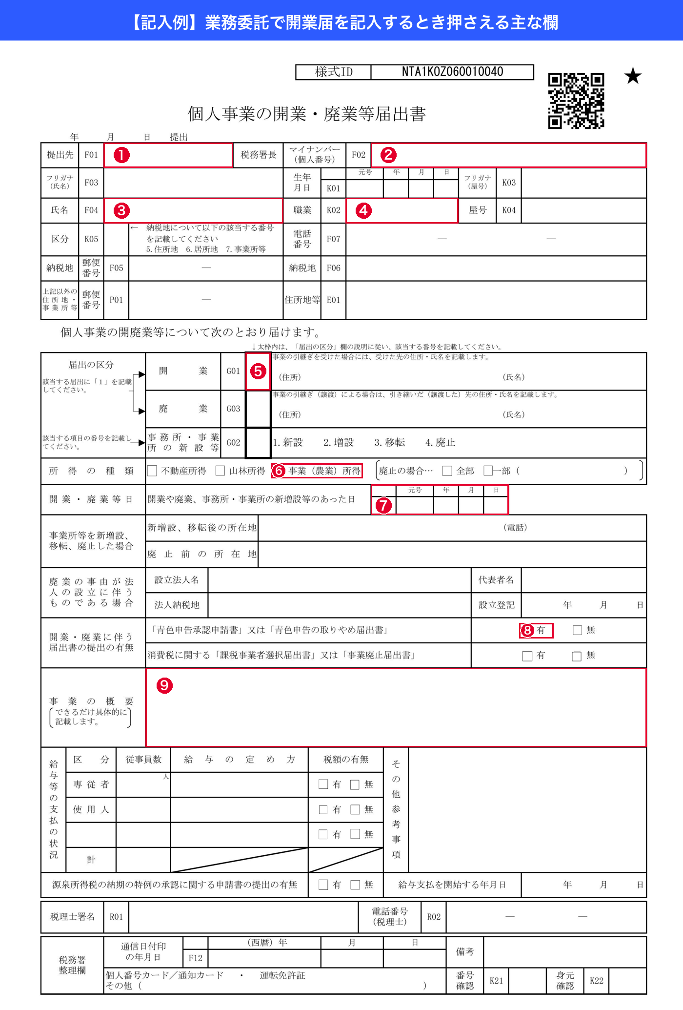 業務委託で開業届を記入するときの主なポイントを示した記入例