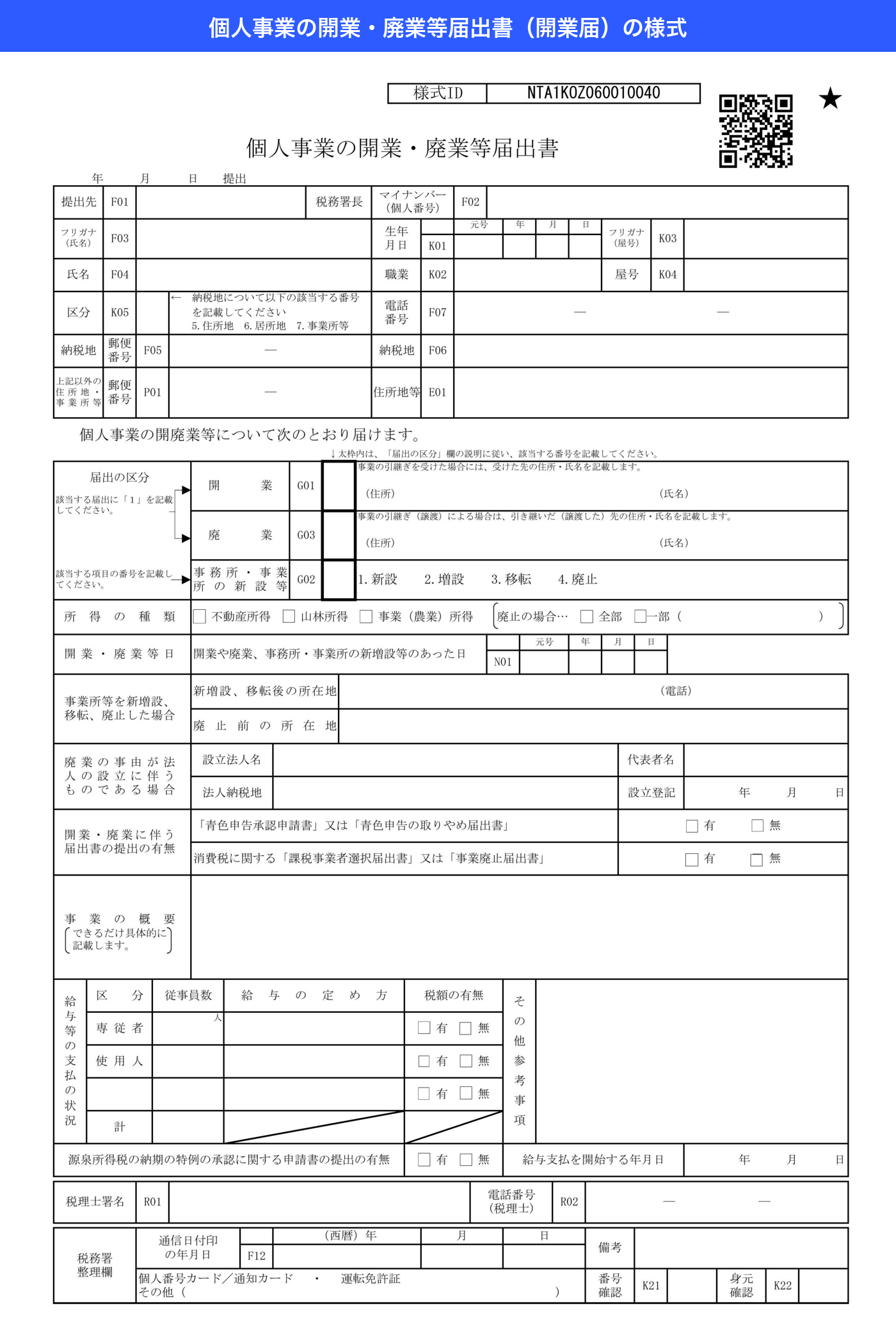 国税庁の個人事業の開業・廃業等届出書（開業届）の様式全体