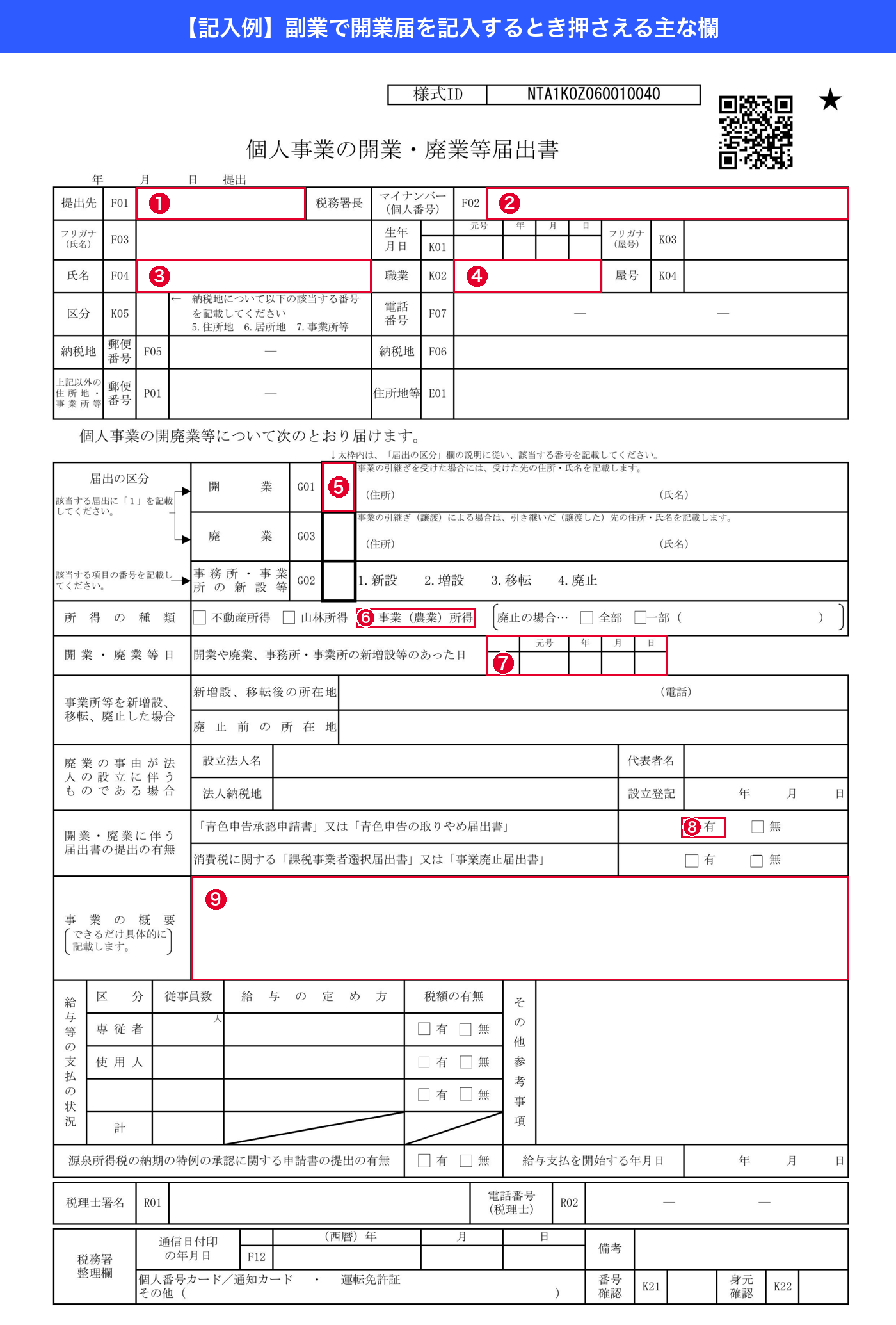 副業で開業届を記入するときの主なポイントを示した記入例