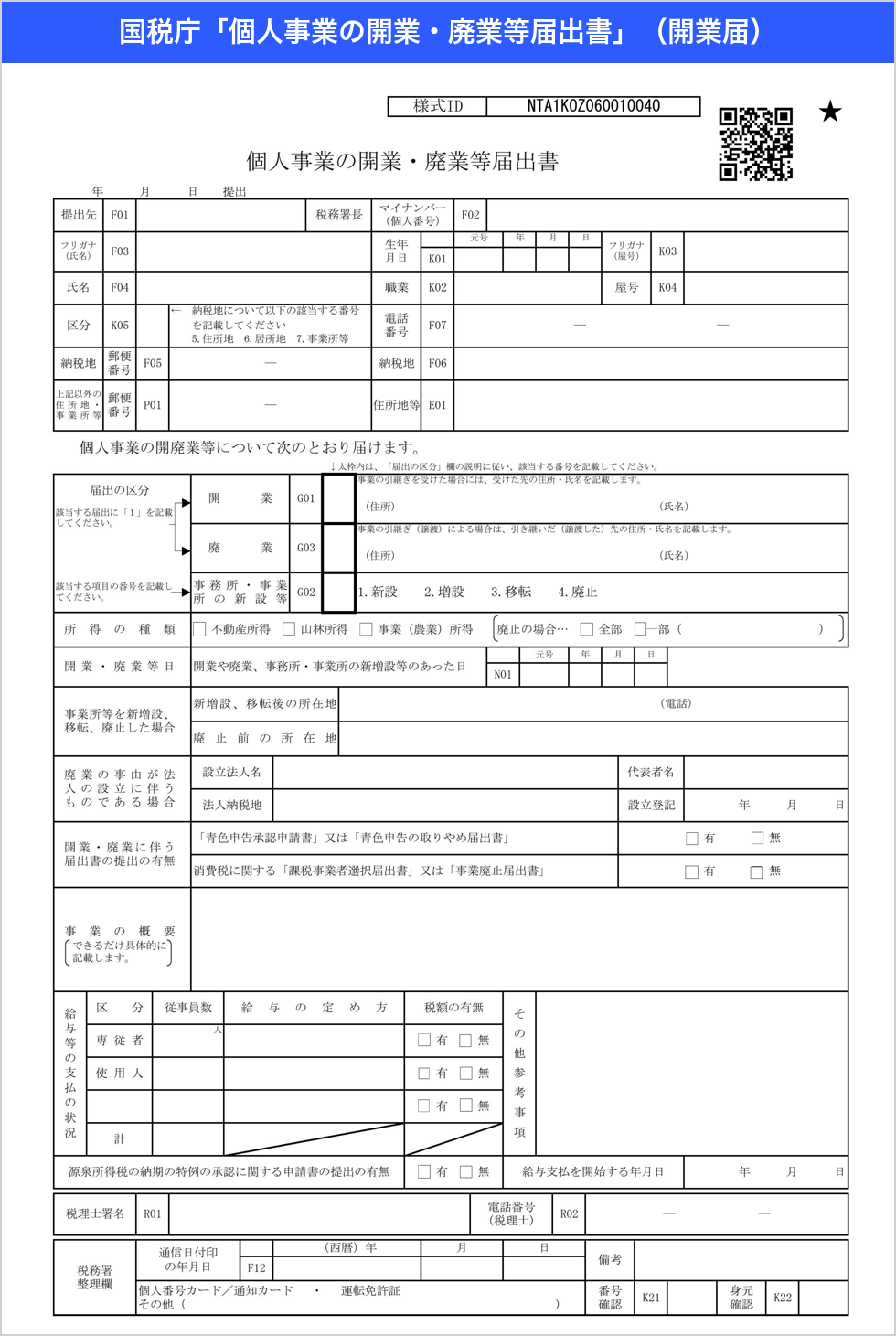 国税庁の個人事業の開業・廃業等届出書(開業届)の様式全体