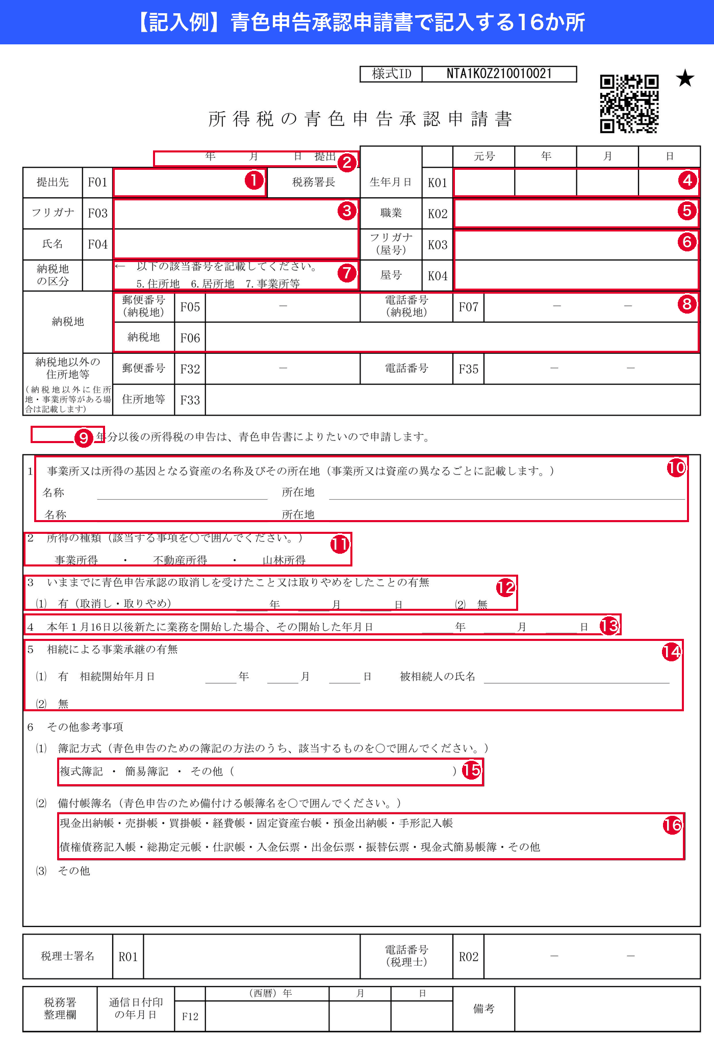 青色申告承認申請書で記入する16か所を示した記入例