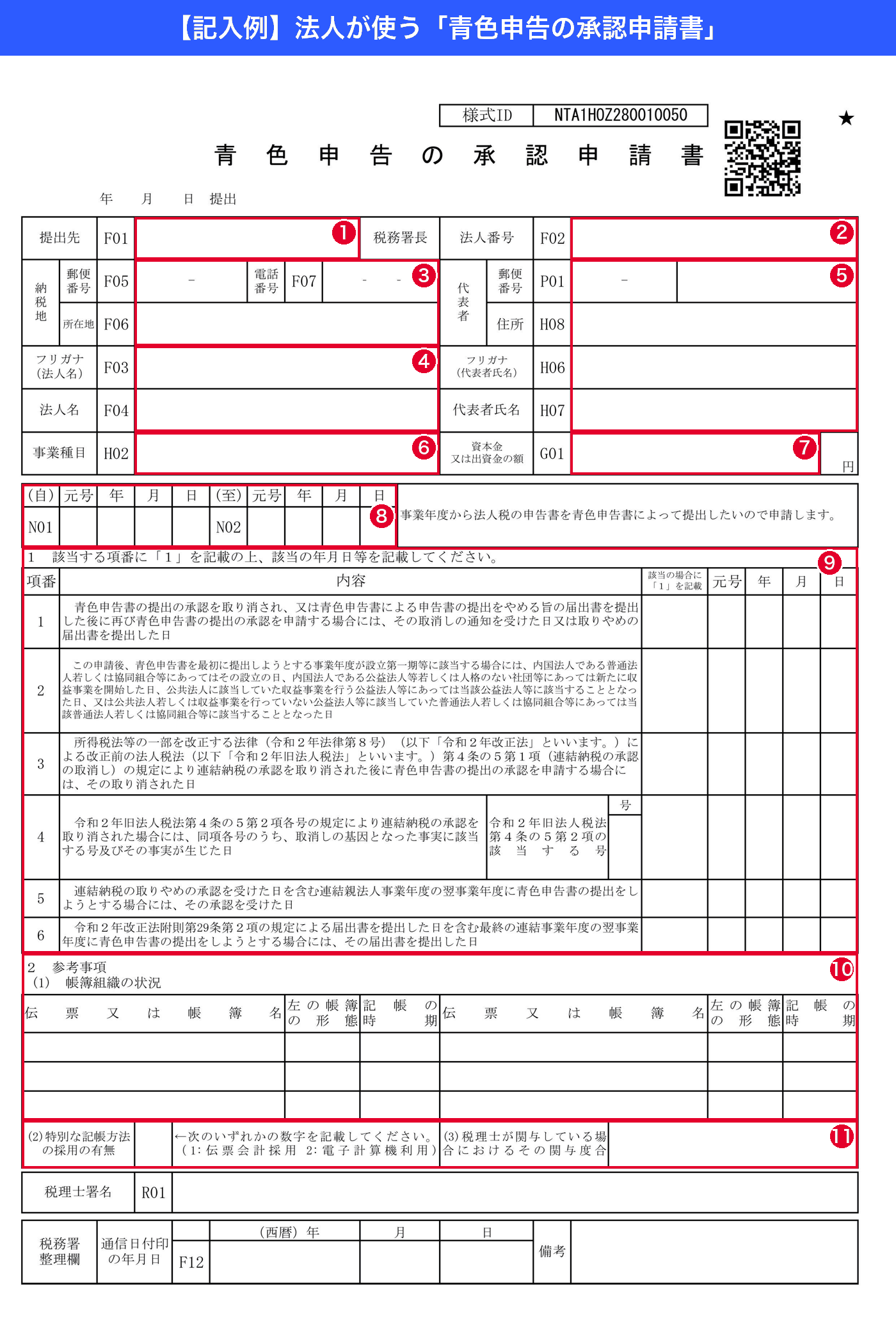 法人の青色申告の承認申請書で記入する11か所を示した記入例